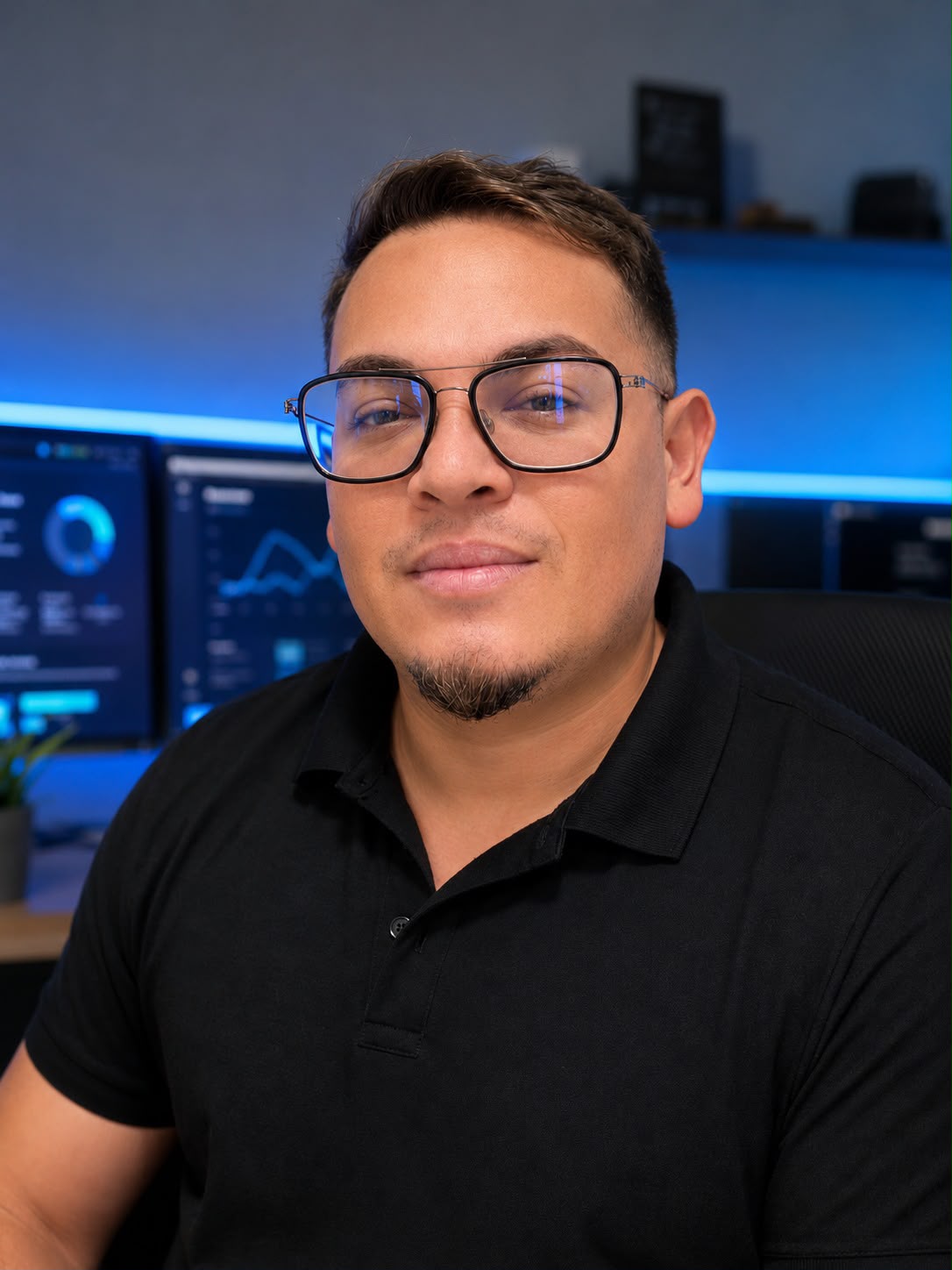 Wil de polo preta, com monitores e iluminação azul ao fundo