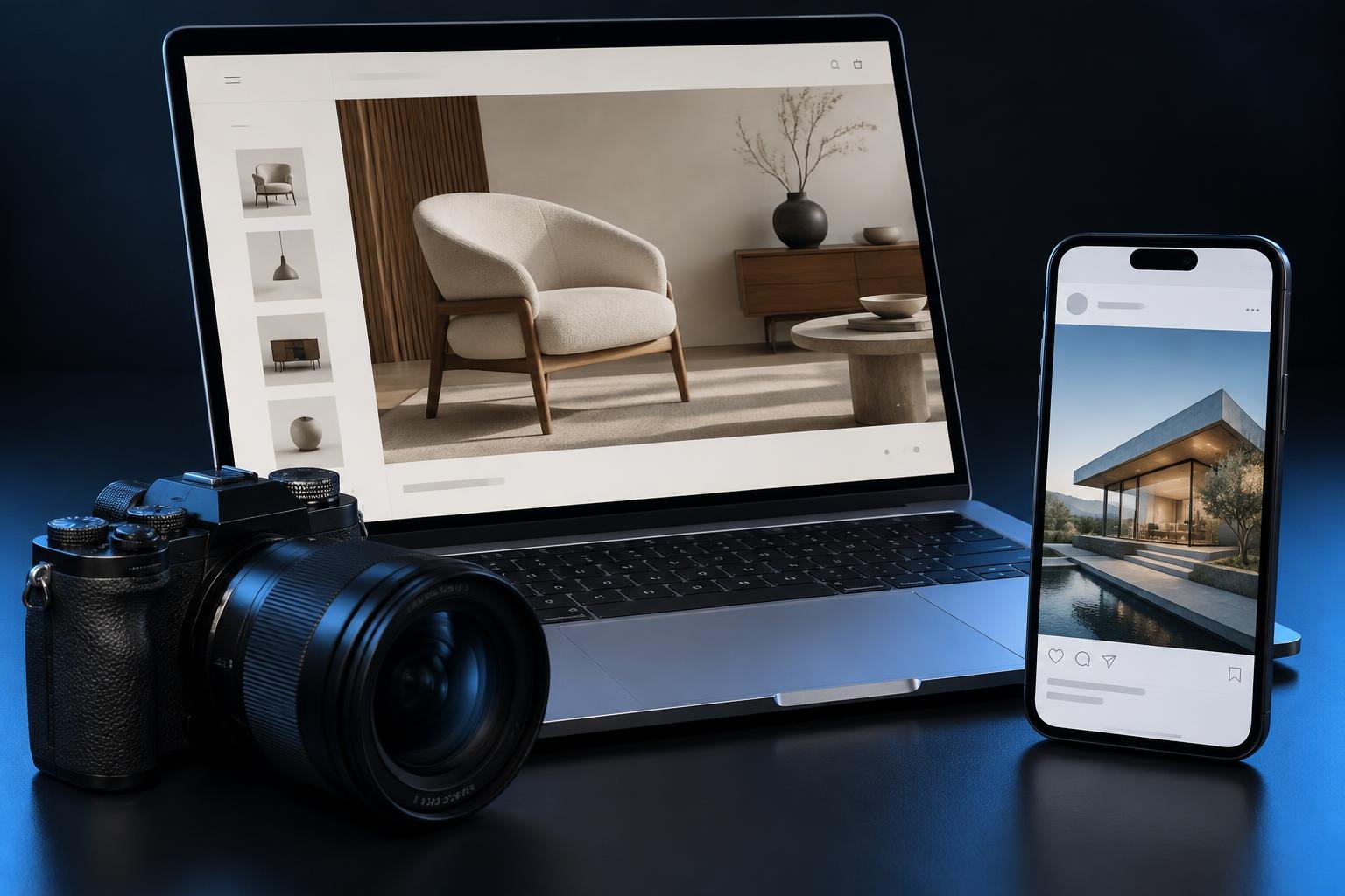 Composição ilustrativa de notebook, celular e câmera representando nossos serviços digitais